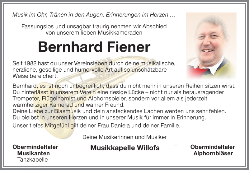  Traueranzeige für Bernhard Fiener vom 12.08.2021 aus Allgäuer Zeitung, Marktoberdorf