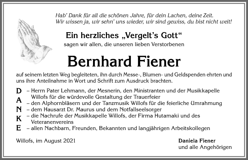  Traueranzeige für Bernhard Fiener vom 21.08.2021 aus Allgäuer Zeitung, Marktoberdorf