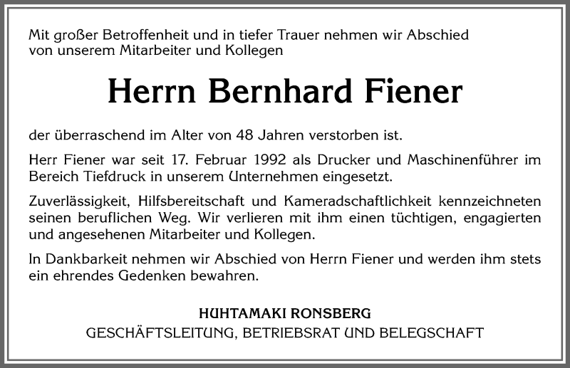  Traueranzeige für Bernhard Fiener vom 13.08.2021 aus Allgäuer Zeitung, Marktoberdorf