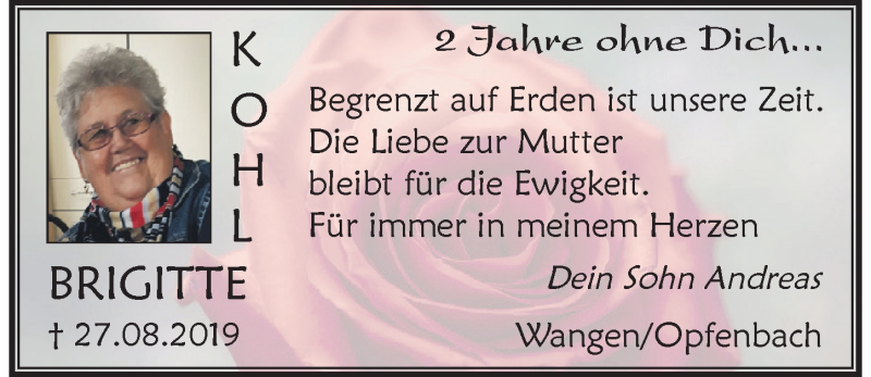  Traueranzeige für Brigitte Kohl vom 27.08.2021 aus Der Westallgäuer