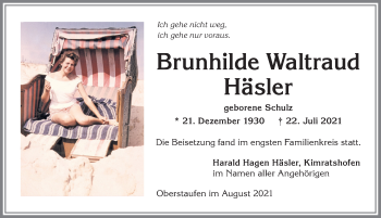 Traueranzeige von Brunhilde Häsler von Allgäuer Anzeigeblatt