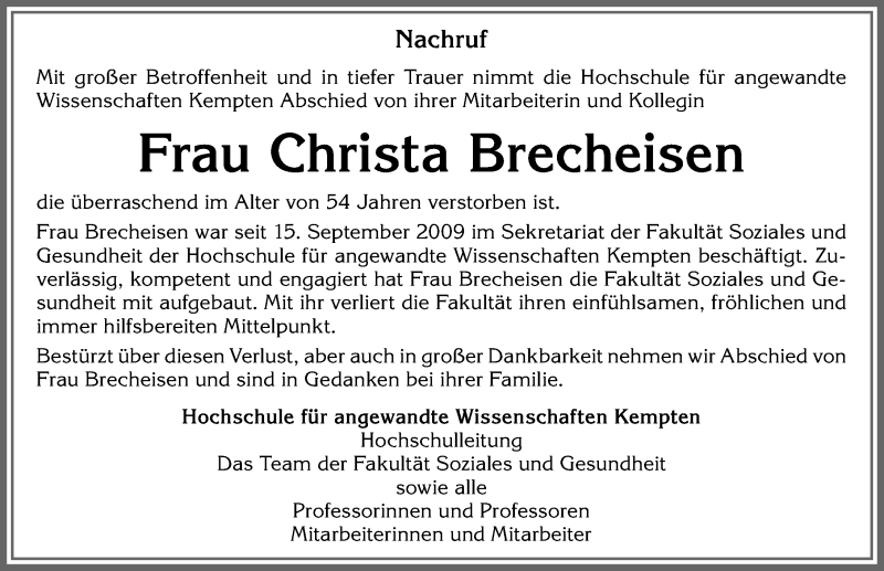  Traueranzeige für Christa Brecheisen vom 19.08.2021 aus Allgäuer Zeitung,Kempten