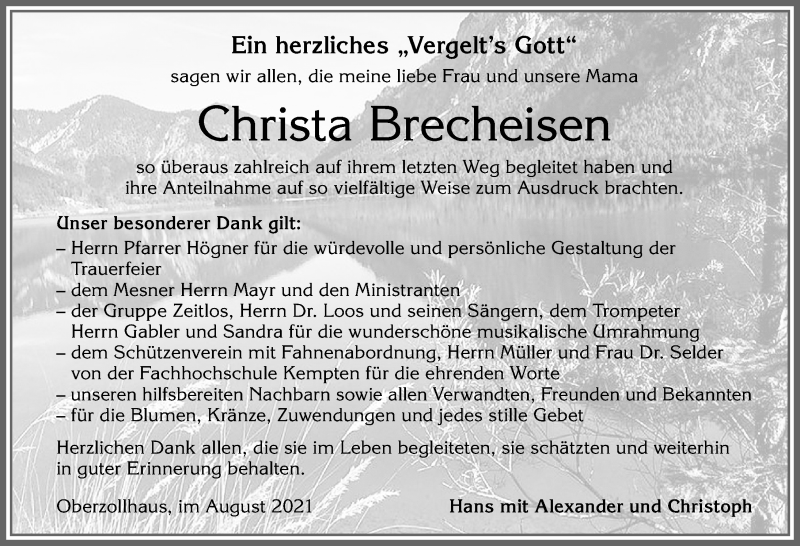  Traueranzeige für Christa Brecheisen vom 28.08.2021 aus Allgäuer Zeitung,Kempten