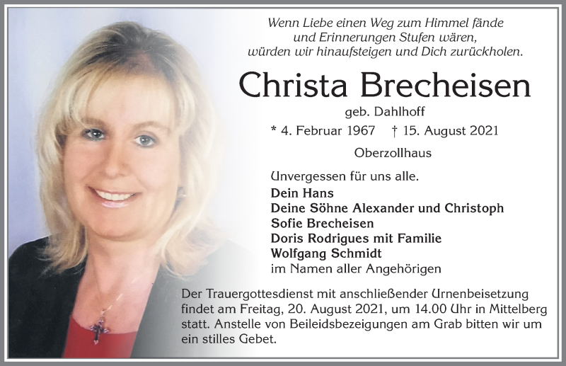  Traueranzeige für Christa Brecheisen vom 18.08.2021 aus Allgäuer Zeitung,Kempten
