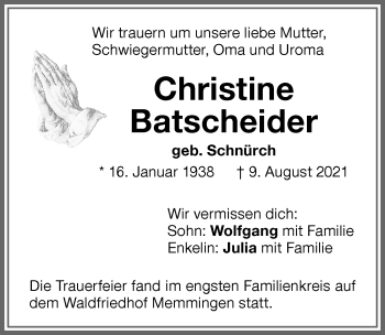 Traueranzeige von Christine Batscheider von Memminger Zeitung