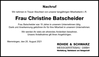 Traueranzeige von Christine Batscheider von Memminger Zeitung