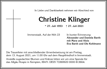 Traueranzeige von Christine Klinger von Allgäuer Zeitung