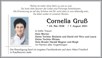 Traueranzeige von Cornelia Gruß von Allgäuer Zeitung, Kaufbeuren/Buchloe