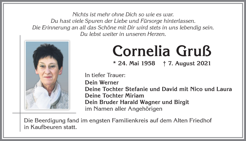  Traueranzeige für Cornelia Gruß vom 14.08.2021 aus Allgäuer Zeitung, Kaufbeuren/Buchloe