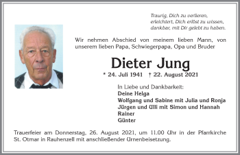 Traueranzeige von Dieter Jung von Allgäuer Anzeigeblatt