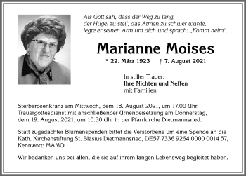 Traueranzeige von Marianne Moises von Allgäuer Zeitung,Kempten
