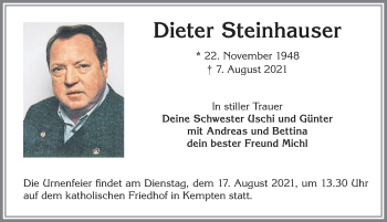 Traueranzeige von Dieter Steinhauser von Allgäuer Zeitung,Kempten