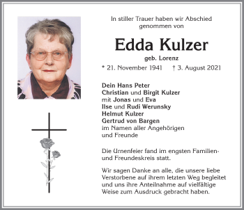 Traueranzeige von Edda Kulzer von Allgäuer Zeitung,Kempten