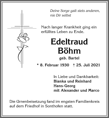 Traueranzeige von Edeltraud Böhm von Allgäuer Anzeigeblatt