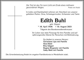 Traueranzeige von Edith Buhl von Memminger Zeitung