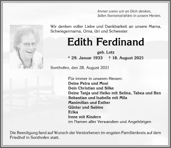 Traueranzeige von Edith Ferdinand von Allgäuer Anzeigeblatt