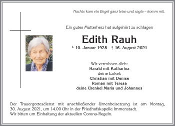 Traueranzeige von Edith Rauh von Allgäuer Anzeigeblatt
