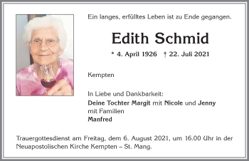 Traueranzeige von Edith Schmid von Allgäuer Zeitung,Kempten
