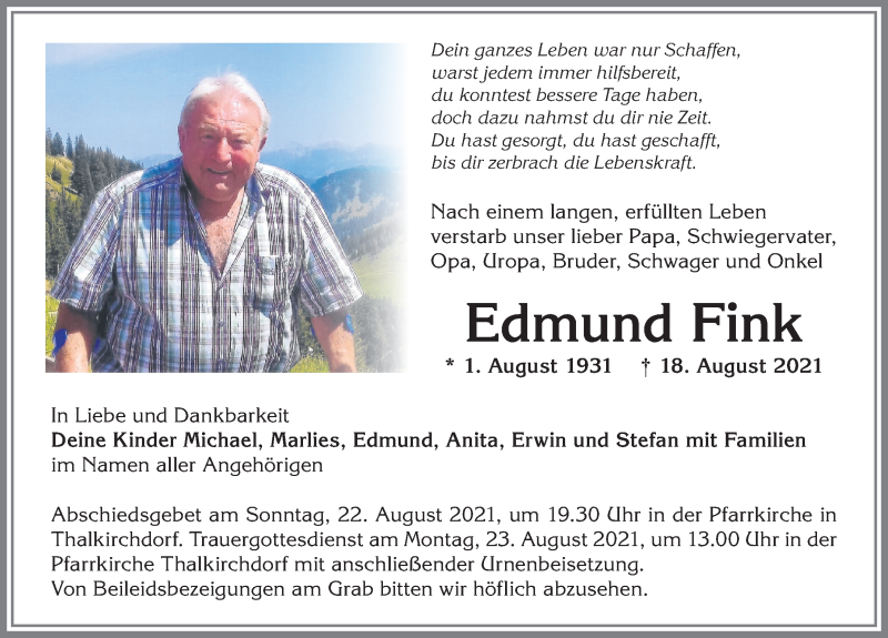  Traueranzeige für Edmund Fink vom 21.08.2021 aus Allgäuer Zeitung