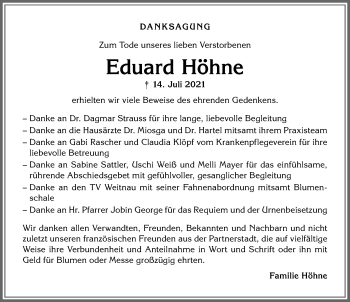 Traueranzeige von Eduard Höhne von Allgäuer Zeitung,Kempten