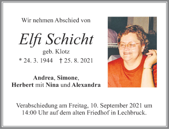 Traueranzeige von Elfi Schicht von Allgäuer Zeitung, Füssen