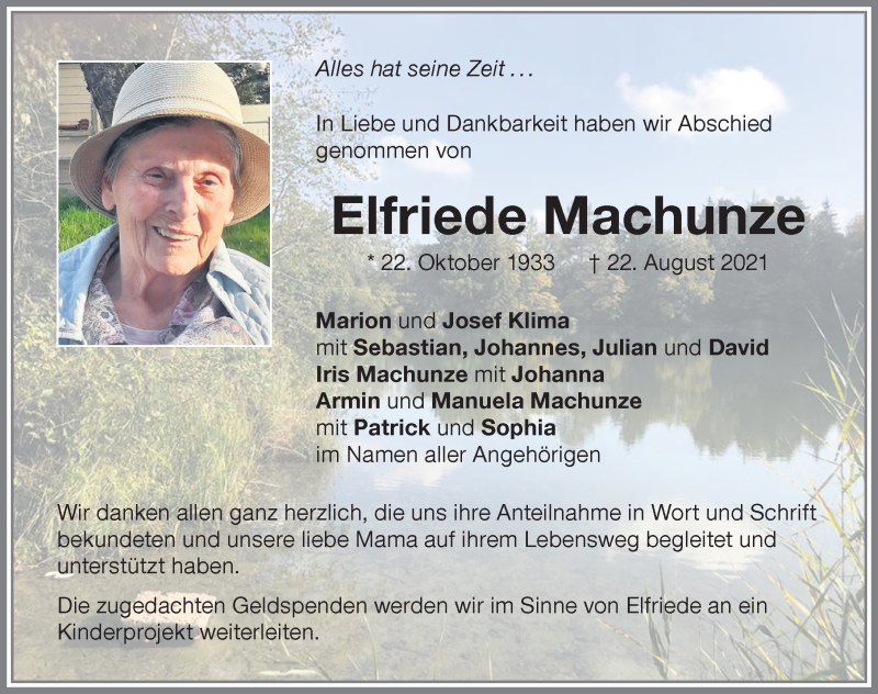  Traueranzeige für Elfriede Machunze vom 31.08.2021 aus Memminger Zeitung