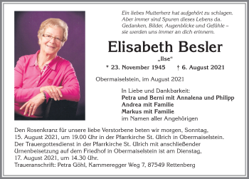 Traueranzeige von Elisabeth Besler von Allgäuer Anzeigeblatt