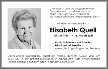 Traueranzeige von Elisabeth Quell von Allgäuer Zeitung, Kaufbeuren/Buchloe