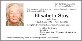 Traueranzeige von Elisabeth Stoy von Allgäuer Zeitung,Kempten
