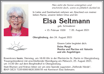 Traueranzeige von Elsa Seltmann von Allgäuer Zeitung, Marktoberdorf