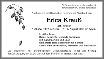 Traueranzeige von Erica Krauß von Allgäuer Anzeigeblatt