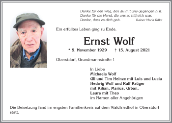 Traueranzeige von Ernst Wolf von Allgäuer Anzeigeblatt