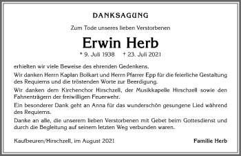 Traueranzeige von Erwin Herb von Allgäuer Zeitung