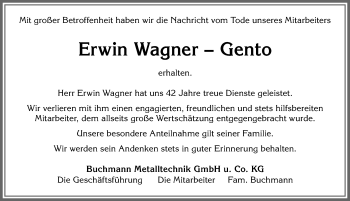 Traueranzeige von Erwin  Wagner-Gento von Memminger Zeitung