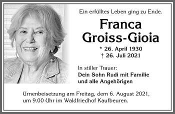 Traueranzeige von Franca Groiss-Gioia von Allgäuer Zeitung, Kaufbeuren/Buchloe