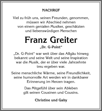 Traueranzeige von Franz Greiter von Allgäuer Anzeigeblatt