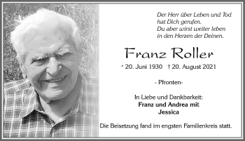 Traueranzeige von Franz Roller von Allgäuer Zeitung, Füssen