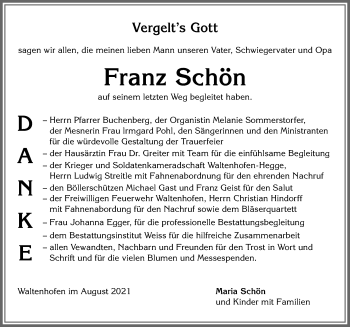Traueranzeige von Franz Schön von Allgäuer Zeitung,Kempten