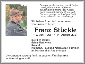Traueranzeige von Franz Stückle von Allgäuer Zeitung,Kempten