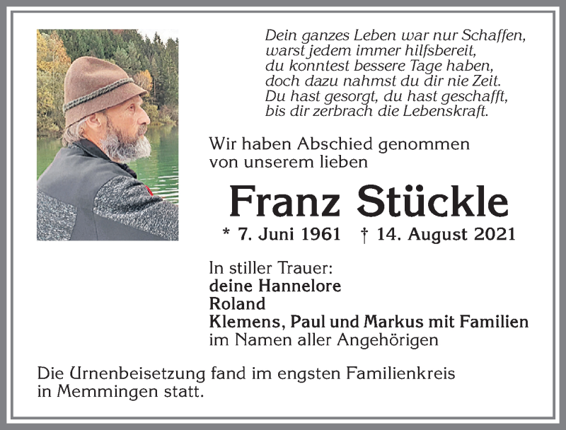  Traueranzeige für Franz Stückle vom 26.08.2021 aus Allgäuer Zeitung,Kempten