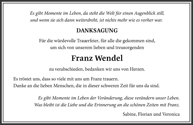  Traueranzeige für Franz Wendel vom 14.08.2021 aus Allgäuer Zeitung,Kempten