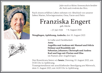 Traueranzeige von Franziska Engert von Allgäuer Zeitung, Kaufbeuren/Buchloe