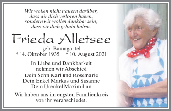 Traueranzeige von Frieda Alletsee von Allgäuer Zeitung, Füssen