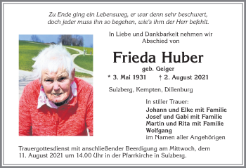 Traueranzeige von Frieda Huber von Allgäuer Zeitung,Kempten