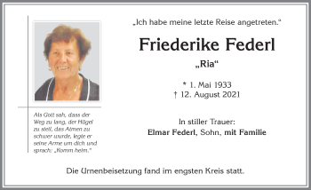 Traueranzeige von Friederike Federl von Allgäuer Zeitung,Kempten