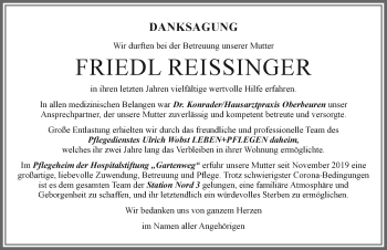 Traueranzeige von Friedl Reissinger von Allgäuer Zeitung, Kaufbeuren/Buchloe