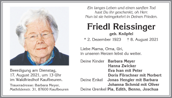 Traueranzeige von Friedl Reissinger von Allgäuer Zeitung, Kaufbeuren/Buchloe