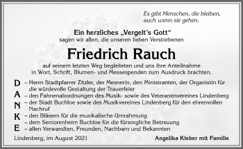 Traueranzeige von Friedrich Rauch von Allgäuer Zeitung, Kaufbeuren/Buchloe