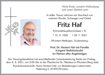 Traueranzeige von Fritz Haf von Allgäuer Zeitung, Füssen