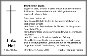 Traueranzeige von Fritz Haf von Allgäuer Zeitung, Füssen